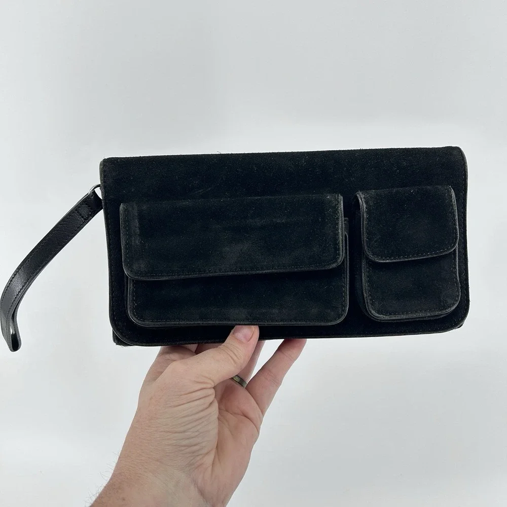 Banana Republic Y2K Minimalist Utility Suede Black Clutch Wristlet Pockets Pouch